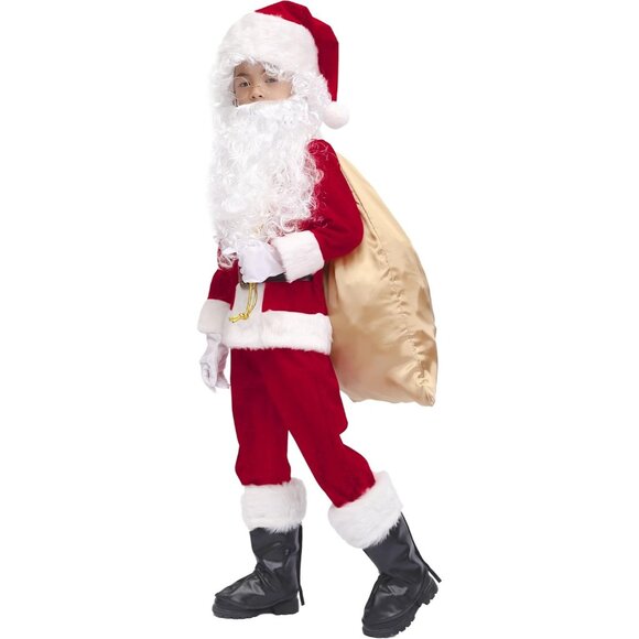 Kids Red 11 Pieces Deluxe Imported Suit Christmas Party Santa Claus Cosplay Set - Picture 8 of 8